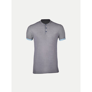 Men Grey Henley Neck Tee with Contrast Sleeve Men Grey Henley Neck Tee with Contrast Sleeve