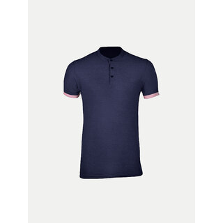 Men Navy Henley Neck Tee with Contrast Sleeve Men Navy Henley Neck Tee with Contrast Sleeve