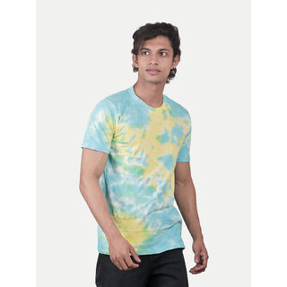                       Men Light Blue Tie and Dye Cotton Crew Neck T-Shirt                                              