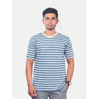                       Men Blue Striped Crew Neck T-shirt                                              