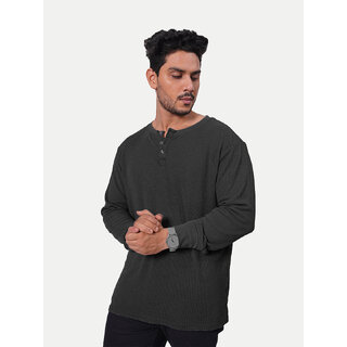                       Men Black Full Sleeve Henley Neck T-Shirt                                              