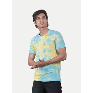                       Men Blue / Yellow Tie and Dye Cotton Crew Neck T-Shirt                                              