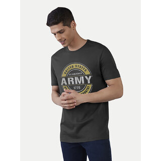                       Men Black Logo typographic printed basic cotton T-shirt                                              