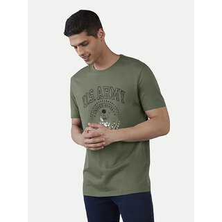                       Men Military Green Logo typographic printed basic cotton T-shirt                                              