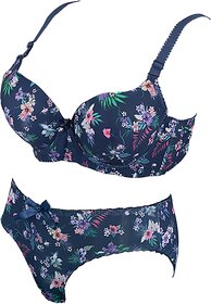 Dark Blue Padded Wired Push Up Flower Printed Swimwear Bra  Panty Set