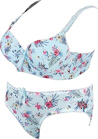 Blue Padded Wired Push Up Flower Printed Swimwear Bra  Panty Set