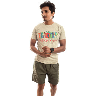 Men Light Beige Printed Crew Neck T-shirt Men Light Beige Printed Crew Neck T-shirt