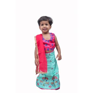                       Kid Kupboard Cotton Baby Girls Lehanga, Choli and Dupatta Set, Multicolor, Sleeveless, 3-4 Years KIDS6524                                              