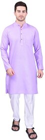 Roundfeet Men Purple Cotton Blend Kurta Pyjama Set