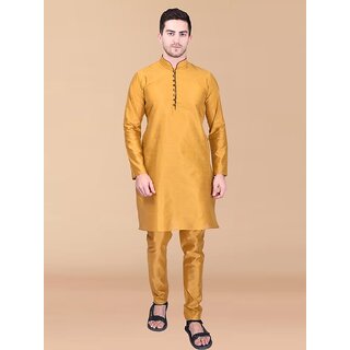 Roundfeet Men Yellow Pure Silk Kurta Pyjama Set