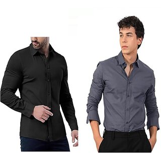                       MACGROW Men Self Design Formal Black, Grey Shirt (Pack of 2)                                              