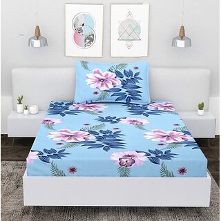 Homeberry Sky Blue Flower Single Bedsheet with Single Pillow Cover Homeberry Sky Blue Flower Single Bedsheet with Single Pillow Cover