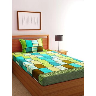Homeberry Light Green Square Single Bedsheet with Single Pillow Cover Homeberry Light Green Square Single Bedsheet with Single Pillow Cover