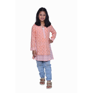 Kid Kupboard Cotton Girls Kurti, Light Orange, Full-Sleeves, 7-8 Years KIDS6549
