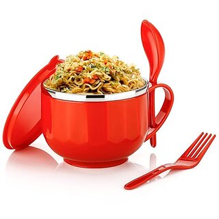                       Mannat StainlessSteel Double Wall Maggi-Noodle  Soup Bowl with Spoon Fork Container for,Office,Travel(red,Set of 1)                                              