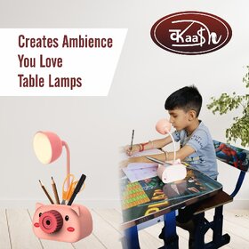 Kaash Pink Cartoon Pig LED Table Lamps with Pencil Sharpener Pen Holder Stand Kids Study Desk Stationery Organiser Kids