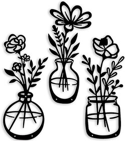 blind shop 3 Pieces Black Metal Flowers Wall Decor Metal Vase Wall Art Metal Wall Sculptures Hanging for Indoor Kitchen