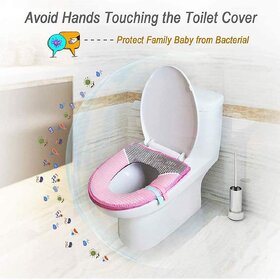 Bathroom Soft Thicker Warmer Stretchable Washable Cloth Toilet Seat Cover Pads, Toilet Seat Lifter Handle, Cover Handle No Need Glue No Worry About Falling Off and Hygienic