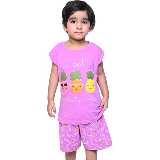                       Kid Kupboard Cotton Girls T-Shirt and Short Set, Pink, Half-Sleeves, 5-6 Years KIDS6574                                              