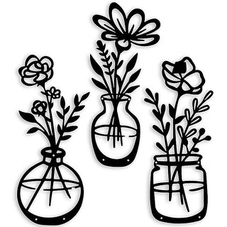 blind shop 3 Pieces Black Metal Flowers Wall Decor Metal Vase Wall Art Metal Wall Sculptures Hanging for Indoor Kitchen