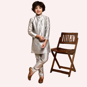 Roundfeet Boys Solid Pure Silk Kurta and Pyjama Set (Grey)