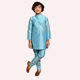 Roundfeet Boys Solid Pure Silk Kurta and Pyjama Set (Blue)