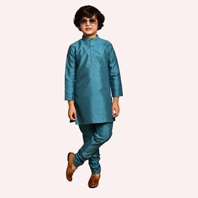 Roundfeet Boys Solid Pure Silk Kurta and Pyjama Set (Blue)