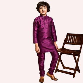 Roundfeet Boys Solid Pure Silk Kurta and Pyjama Set (Purple)