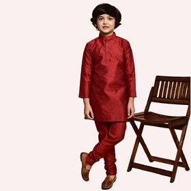 Roundfeet Boys Solid Pure Silk Kurta and Pyjama Set (Maroon)