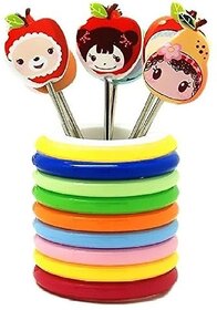 Mannat Colourful Ring Style Stainless Steel Fruit Fork Stand with 8 Cartoon Shape stick Suitable for Fruit, Multi Color