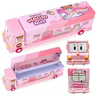                       Mannat magic pink Bus Pencil Box Girls-Compass Box with Wheel, Stylish School Bus Pencil Box for Girls (pack of 1)                                              