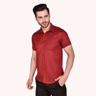                       Roundfeet Men's Half Sleeve Cotton Spread Collar Shirt  (Red)                                              