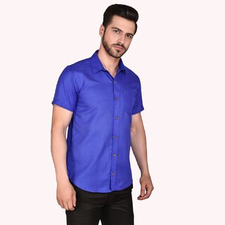                       Roundfeet Men's Half Sleeve Cotton Spread Collar Shirt  (Royal Blue)                                              