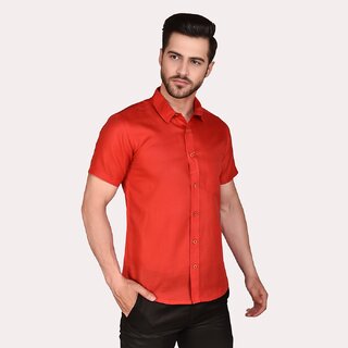                       PrintCultr Men's Half Sleeve Cotton Spread Collar Shirt  (Carrot Red)                                              