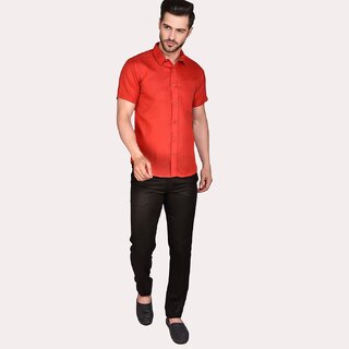                       Roundfeet Men Regular Fit Solid Casual Shirt (Red)                                              