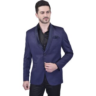 Roundfeet Men Solid Tuxedo Style Formal Blazer (Blue)