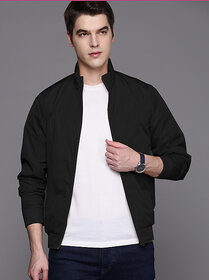 Clothster Men's Stylish Long Sleeve Solid Full Zip High Neck Bomber Jacket - Trendy Design with Pockets (Black)