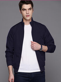 Clothster Men's Stylish Long Sleeve Solid Full Zip High Neck Bomber Jacket - Trendy Design with Pockets (Navy Blue)