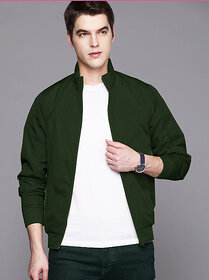 Clothster Men's Stylish Long Sleeve Solid Full Zip High Neck Bomber Jacket - Trendy Design with Pockets (Green)