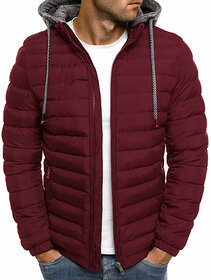 Clothster Maroon Mock Collar Fluffy Cap Puffer Jacket For Mens