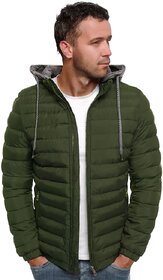 Clothster Green Mock Collar Fluffy Cap Puffer Jacket for Men - Warm, Stylish, and Comfortable Winter Coat with Hood