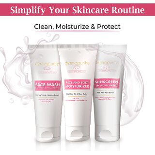 Derma Puritys 3-in-1 Skincare Combo - Face Wash (100 ml), SPF 50 Sunscreen (100 ml) and Face Body Moisturizer (100 ml) Derma Puritys 3-in-1 Skincare Combo - Face Wash (100 ml), SPF 50 Sunscreen (100 ml) and Face Body Moisturizer (100 ml)