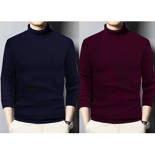                       Clothster Combo of 2 Solid Wool High Neck Sweatshirt For Mens (Maroon, Navy)                                              