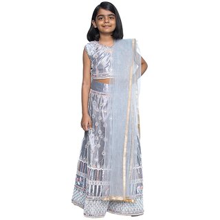                       Kid Kupboard Cotton Girls Lehanga, Choli and Dupatta Set, Grey, Sleeveless, 8-9 Years KIDS6631                                              