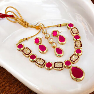                       Back Meenakari Gold Plated Magenta Color Uncut Kundan Choker Necklace Set (578-J5SK-1817-R)                                              