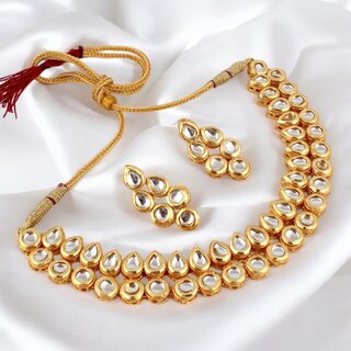                       Back Meenakari Gold Plated White Color Kundan Choker Necklace Set with Earrings (594-J5SK-1782)                                              