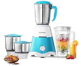 Longway Super Dlx 750 Watt Juicer Mixer Grinder with 4 Jars for Grinding Mixing Juicing with Powerful Motor | 1 Year Warranty | (White & Blue 4 Jars)