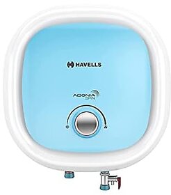 Havells Adonia Spin 15 Litre Storage Water Heater | Temp. Sensing LED Knob Feroglass Coated Tank | Warranty: 7 Year on Tank With Shock safe inline ELCB Free Flexi Pipe & Installation | (White Blue)