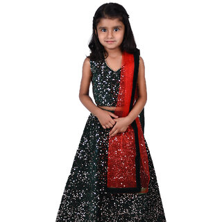                       Kid Kupboard Cotton Girls Lehanga, Choli and Dupatta Set, Black, Sleeveless, 6-7 Years KIDS6683                                              