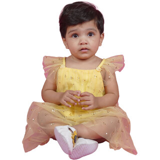                       Kid Kupboard Cotton Baby Girls A-Line Frock, Light Yellow, Sleeveless, 9-12 Months KIDS6696                                              